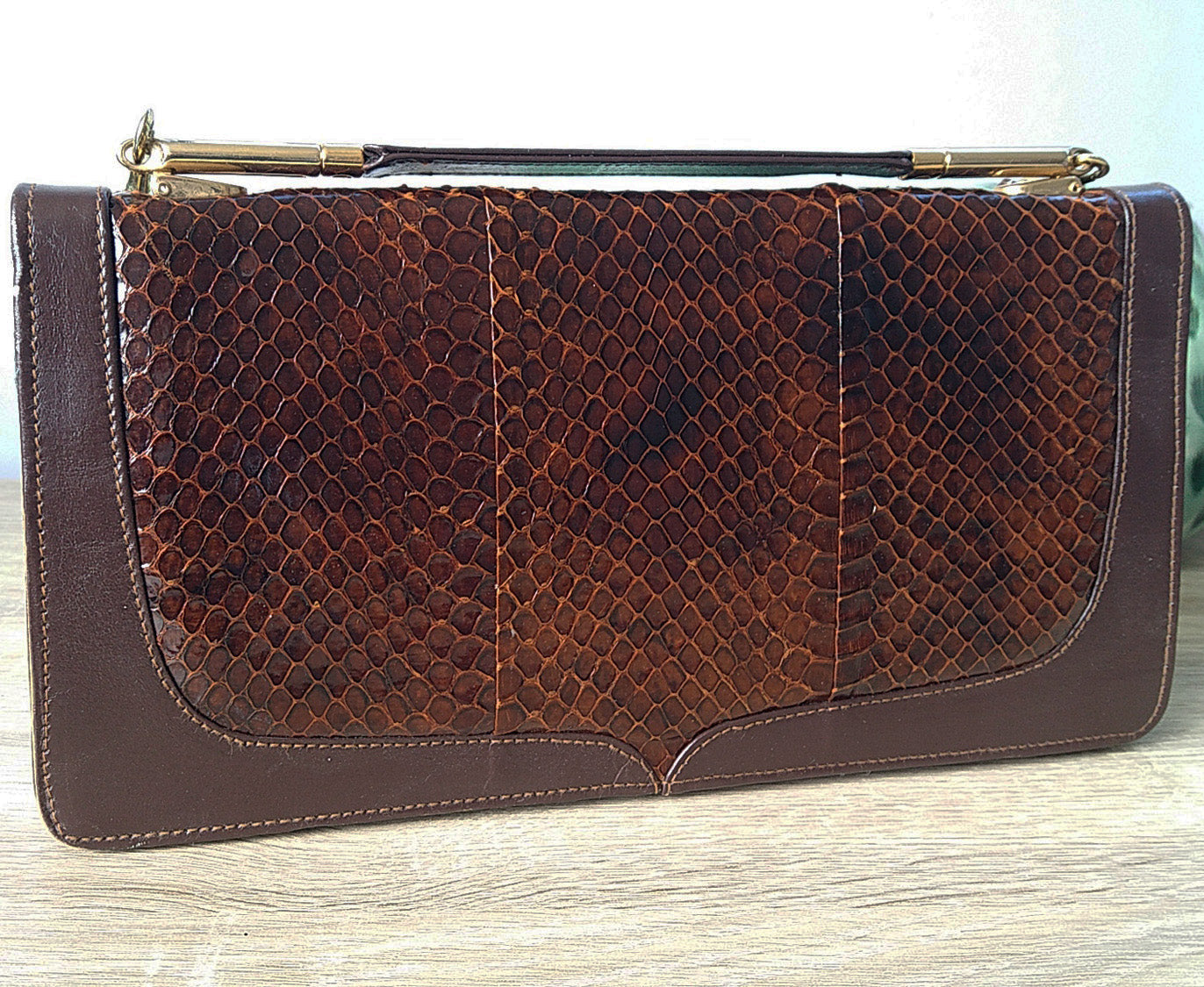 Vintage Bag - Brown Snake Skin & Leather Clutch
