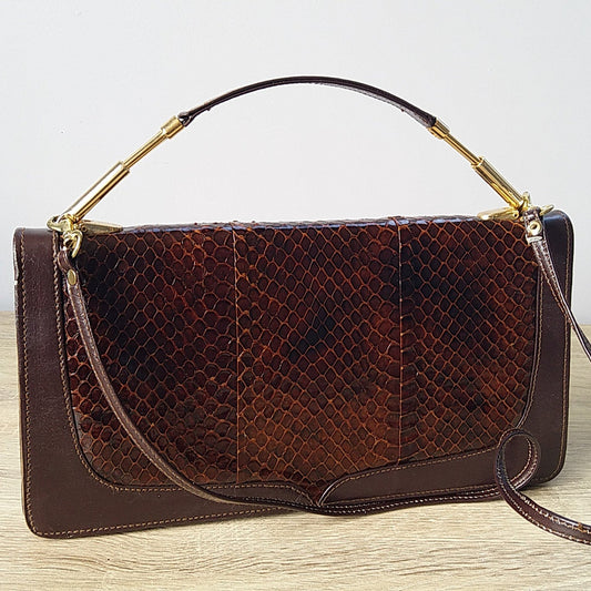 Vintage Bag - Brown Snake Skin & Leather Clutch