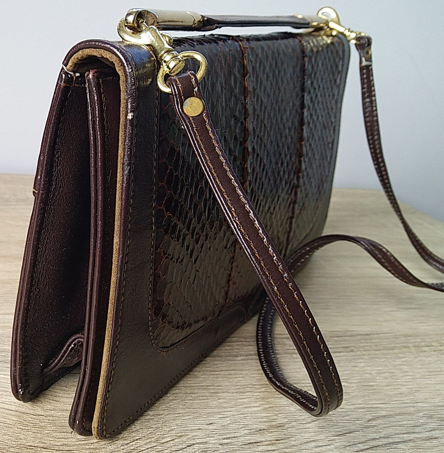 Vintage Bag - Brown Snake Skin & Leather Clutch