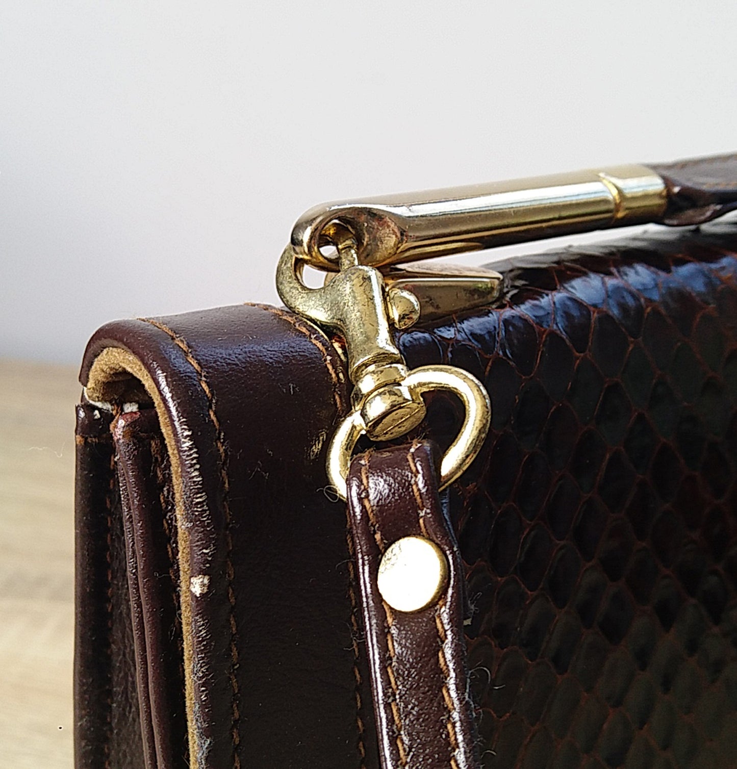 Vintage Bag - Brown Snake Skin & Leather Clutch
